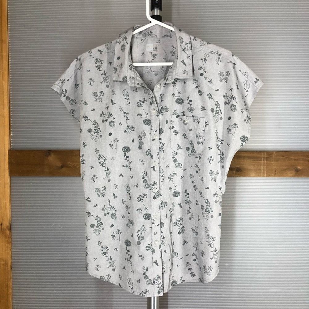 Mec Grey Drop‎ Shoulder Floral Button Up Blouse Sz L